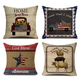 NYDECOR Farmhouse Throw Pillow Covers American Flag Pillow Case Quotes Cotton Linen Rustic Farm Cushion Cover for Couch Sofa Bed 18x18 Set of 4 Housewarming Gifts