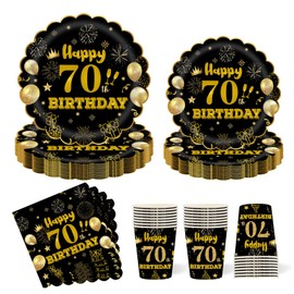 96Pcs Black Gold 70th Birthday Tableware Set,70th Tableware Decorations Plates and Napkins Cups Sets for Men,Women Birthday Gifts Dinnerware Supplies