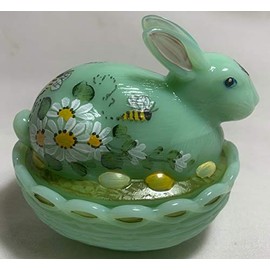 Bunny - Covered Easter Rabbit Dish - Decorated - American Made - Mosser Glass USA (Jade Handpainted)