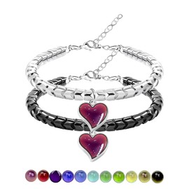 Uloveido A Pair of Gear-shape Hematite Bracelets with Color Changing Thermo Sensitive Mood Heart Charms, Couples Love Heart Bangles Gifts, 26.1 inches, Hematite, hematite