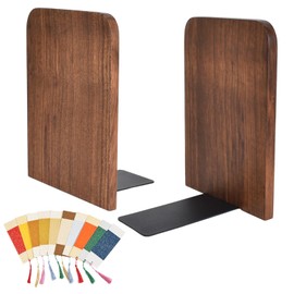 2 Pcs Wood Bookends,Walnut Wooden Bookend with Metal Base,10 Bookmarks,Decorative Bookends for Shelves, Non-Skid Bookend,Heavy Duty Book Shelf Holder, for Books,CDs