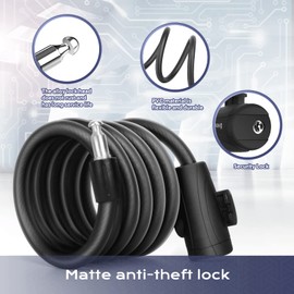 Wonnell Bicycle lock, 180 cm/12 mm spiral cable lock with 2 keys, bicycle lock, heavy duty security level, very high for bicycle, tricycle, scooter, bicycle lock