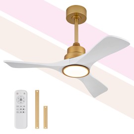42 Inch White and Gold Ceiling Fans with Lights and Remote, 3 Solid Wood Blades, 6 Speeds, Quiet DC Motor, Dimmable LED, Modern Gold Ceiling Fan for Indoor Bedroom,Living Room,Patio