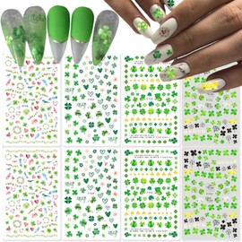 8 Sheets St. Patrick's Day Nail Stickers Green Shamrocks Nail Decals 3D Self Adhesive Nail Design Stickers Irish Lucky Grass Shamrock Nail Art Stickers for Women Girls Nail Decoration