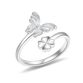 ACJNA Clover Butterfly Adjustable Ring -925 Sterling Silver lucky Brushed Finishing Jewelry for Women Teens Gifts