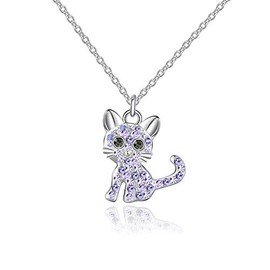 luomart Girls Cat Birthstone Necklaces Jewelry,Silver Plated Kitty Dog Pendant Gifts Set for Women Boys Men (Girls Amethyst)