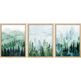 SIGNWIN Framed Pine Tree Wall Art, Set of 3 Watercolor Pastel Forest Wall Decor Prints, Nature Wilderness Wall Décor for Living Room, Bedroom - 12"x16" Natural