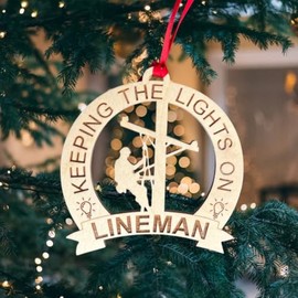 Laser Engraved Wood Lineman Ornament – Unique Christmas Tree Decoration for Electrical Worker, for Linemen