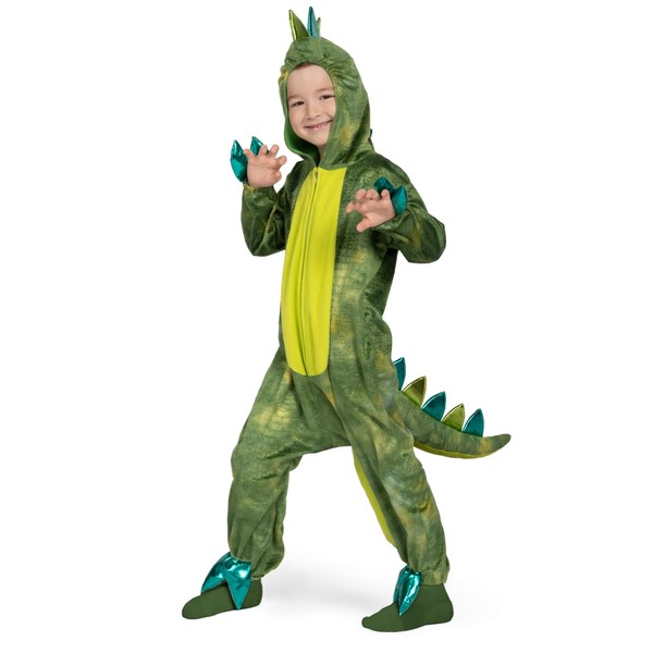 Spooktacular Creations Unisex Shining Dinosaur jumpsuit Pajama for Kids Zip-Up Green T-rex Hooded Jumpsuit Halloween Cosplay Costume Sleepwear, M(8-10yr)
