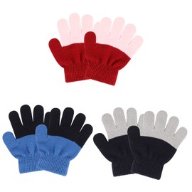 QKURT 3 Pairs Children's Winter Gloves Full Finger Knitted Gloves Warm Stretch Striped Gloves for Girls Boys 3-7 Years Old, multicoloured