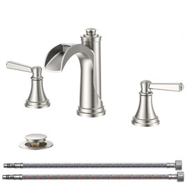 FORIOUS Brushed Nickel Bathroom Faucet Widespread 3 Hole for 6"-12" Sinks, 2 Handle 8" Waterfall Silver Bathroom Sink Faucet 3 Holes Vanity with Metal Drain Stopper and 22" Water Hoses