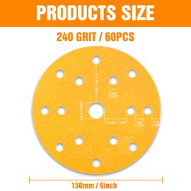 KONGMING Sandpaper 150 mm Velcro Pack of 60 15 Hole Grit 240 for Random Orbital Sander