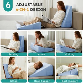 Bedluxe Wedge Pillow, 10 inch Bed Wedge Pillow for Headboard, Pillow Wedge for Acid Reflux Relief, Sleeping, After Surgery, Snoring, Gerd, Triangle Pillow Wedge - Cooling Memory Foam Top, Light Blue