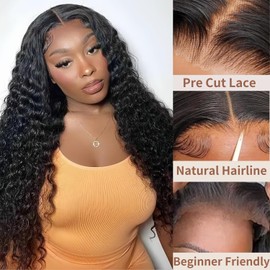 AAKJJ Glueless Wigs Human Hair Pre Plucked Pre Cut, Wear and Go Deep Wave Wigs for Women, 5x5 HD Lace Closure, Raw Human Hair, Soft, Beginners Friendly, 200 Density, Natural Color 22 Inch