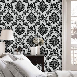 YIXIFANS J5333 Luxury Damask Wallpaper 20.8in×32.8ft Embossed Texture Victorian Wall Paper Home Bedroom Living Room Hotels Wall Decoration （Silver White/Black）
