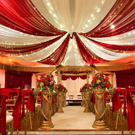 MoKoHouse Red Ceiling Drapes Fabric 6 Panels 5ftx10ft Chiffon Arch Drapes Curtain for Ceremony Arch Party Stage Wedding Decoration
