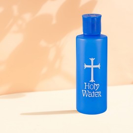 Needzo Small Blue Holy Water Bottles with Flip Top Pour Spout Refillable Plastic Container with White Cross, No Spill Lid, 4 Ounce, Pack of 3