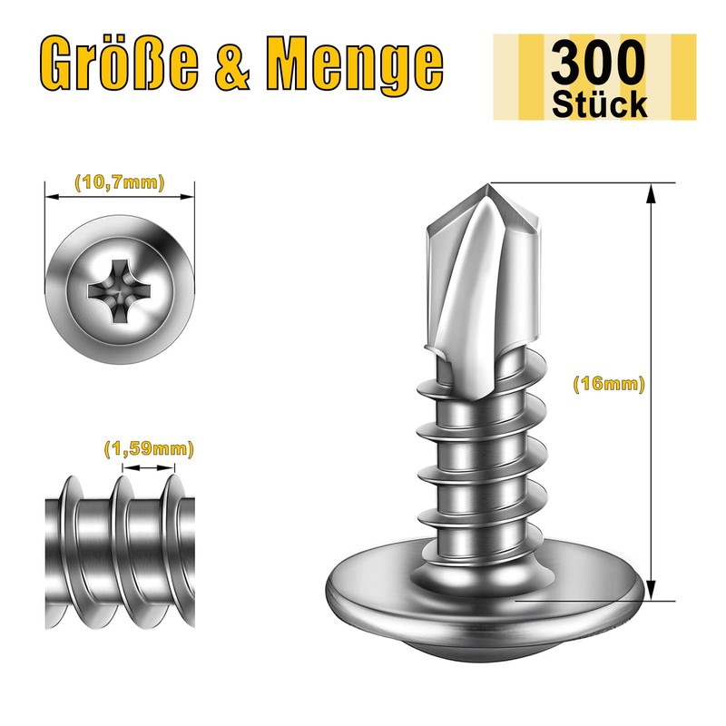 Pack of 300 Self Tapping Screws 4.8 x 16 mm