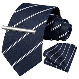 HISDERN Men's Necktie, Business Necktie, Pocket Square, Tie Clip, 3-Piece Set, Formal Necktie, Job Hunting, Graduation Ceremony, Father's Day Gift, 08 navy (stripe)