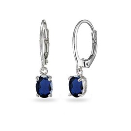 Sterling Silver Created Blue Sapphire 7x5mm Oval-cut Small Dainty Leverback Dangle Earrings for Women
