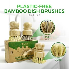 AIRNEX Bamboo Dish Brush Set of 3 - Natural Wooden Dish Scrubber w/Medium Stiff Sisal & Coconut Bristles - Kitchen Scrub Brush for Dishes, Pots & Pans
