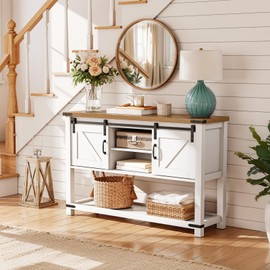 LARMNEE 39.4" Farmhouse Entryway Table with Storage, Narrow Console Table with Open Shelves and 2 Cabinets, Sofa Table with Sliding Barn Doors, for Hallway, Living Room, White and Walnut WH81XG01