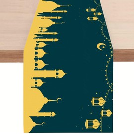 Ramadan Mubarak Table Runner, Ramadan Mosque Lantern Islamic Eid Mubarak for Burlap Table Decorations Party Supplies Decorations, 13 x72 inches