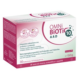 OMNi BiOTiC 10 AAD | 30 Bustine da 5 g | Consigliato durante e dopo la terapia antibiotica | Per l’equilibrio della flora intestinale | Polvere | Con 10 Ceppi Probiotici | VEGANO | Senza OGM |