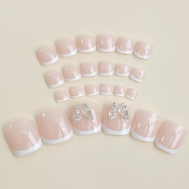 French Tip Press on Toenails Short Square Fake Toe Nails 3D Butterfly Nail Charms Design Acrylic Toenails Glossy Glue on Toenails Full Cover Artificial Toenails Summer Fake Toenails for Women 24Pcs