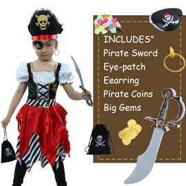 Girls Pirate Costume Pirate Bucaneer Princess Deluxe Dress With Sword,Pirate Pouch,Eye-patch and Hat 7-8years