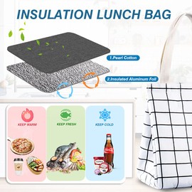 iknoe Insulated Lunch Bag for Women, 9L Sturdy Wide-Open Foldable & Portable Lunch Tote with Interior Pockets, Water-resistant Thermal Lunch Cooler for Adults Picnic Beach (White Plaid)