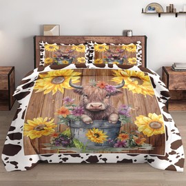 WeCozy Full Size Comforter Set with 2 Pillowcases, Wooden Sunflowers Flower Soft 3 Pcs Bedding for Kids and Adults, Cute Highland Cow Print Comforter Set for Bedroom Bed Decor