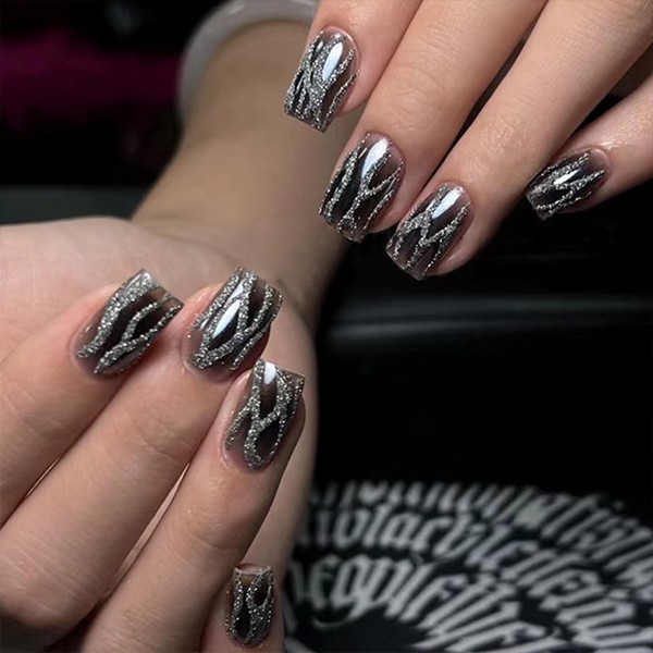 MouyouGlow Glow Press On Nails Short, Square Black Silver Glitter