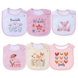 Maiwamita Pack of 6 Waterproof Cotton Bibs with Animal and Floral Prints for Girls and Boys Drooling Food with Adjustable Buttons, Multicoloured02