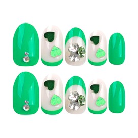 24pcs Green French Tip Press on Nails Short Oval Fake Nails Set Heart Rhinestone Stick on Nails Glue-on Nails Acrylic Full Cover False Nails Valentines Day Spring Women Brides Nail Art Accessories