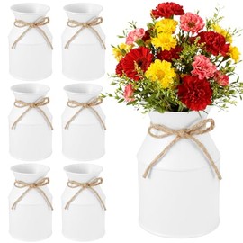 6 jarrones de metal blanco de granja, decoración de jarrón de leche galvanizado de 5.3 pulgadas con lazo de cordel de flores rústicas para centros de mesa, mesa de exhibición floral, hogar, boda