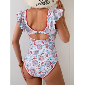 Aidonger Women's One Piece Ruffle Swimsuit Tummy Control Bathing Suit V Neck Shell Stitched Swim Suit Slimming Swimwear