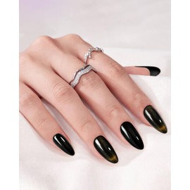 Dsvanay Almond Press On Nails Medium - Black French Cat's Eye False Nails with Golden Glitter Galaxy,Glue On Nails with Jelly Glue, Reusable 12 Sizes - 24 Soft Gel Fake Nails Kit, Glitter