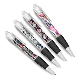 DV DESIGN Set of 4 Sugar Skulls White Ballpoint Pens - Mexican Day of the Dead Cartoon Pattern Floral Themed Boys Girls Men Women Pen #79608