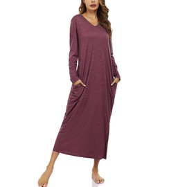 Marvmys Women Long Sleeve Nightshirts Cotton Full Length Sleep Shirts V Neck Pajama Dress with Pocket Burgundy S