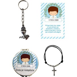 Set 30 Recuerdos Primera Comunión Niño – 10 Llavero, 10 Espejo, 10 Pulsera + Bolsas y Tarjetas Kit Regalo para Invitados Diseño Azul para Niño