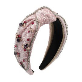Florate Knotted Sequined Crystal Headband for Women Rhinestone Bling Bling Chic Elegant Decorative Hairband Accessories (H1117-pink)
