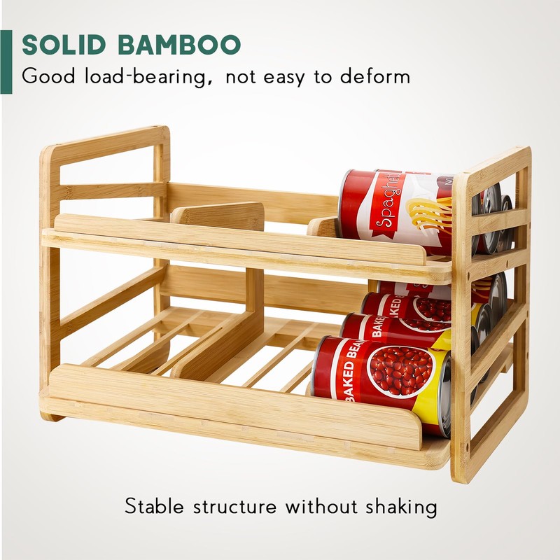 Yumkfoi Rolling Bamboo Can Organizer Rack, Stackable Double-Layer Can Organizers