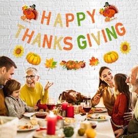Glitter Happy Thanksgiving Decorations Banner Give Thanks Banner Decorations Fall Banner Thanksgiving Turkey Pumpkin Maple Leaves Banner for Thanksgiving Decorations Fall Give Thanks Party Outdoor Indoor Décor 3 Pieces