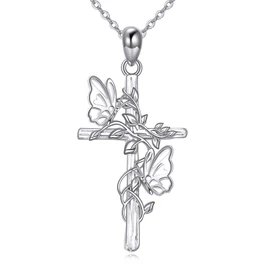 JERWLI Butterfly Cross Necklace 925 Sterling Silver Butterfly Cross Pendant Jewelry Gifts For Women