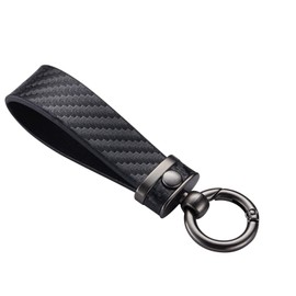 Leather Car Key Chain with Carbon Fiber Design, D-Ring, 2 Keyrings, Universal Key Chains for Key Fobs for Men and Women，Black