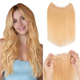Hairro Wire Hair Extensions Human Hair, Fish Line Invisible Adjustable & Clips in Extensions Straight, 100% Real Hairpieces Seamless Blending for Women, 18 Inch 80g Natural Blonde