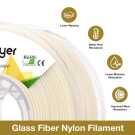 Nylon Glass Filled Filament Nylon Glass Fiber 3D Printer Filament PA6-GF 1kg +20% Tensile Strength, Flexural >72 MPa, with AMS-Compatible Reusable PC Spool, Dyable Nautre White