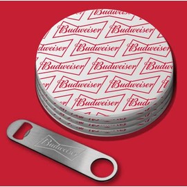 Budweiser Ceramic Coaster & Bottle Opener Set, Moisture-Absorbing Drink Coasters for Tabletop Protection, 4 Coasters, 1 Bottle Opener