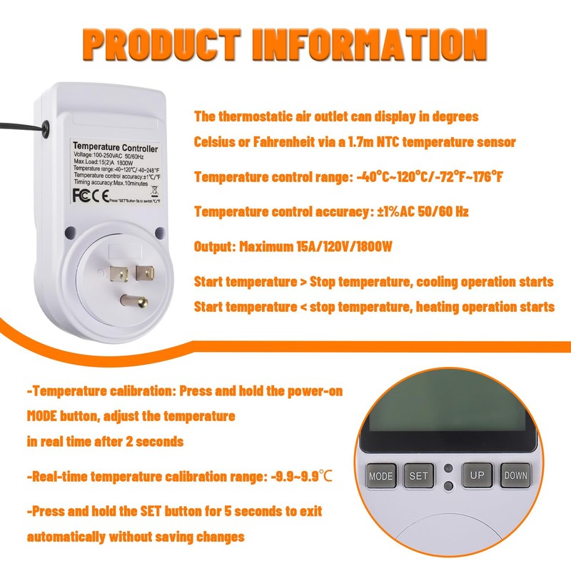 HUAREW 110V Digital Temperature Controller, LCD Screen Heating Cooling Thermostat